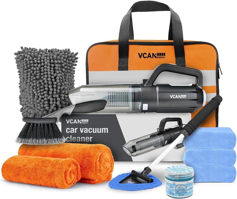 VCANENERGY Car Cleaning kit, Car Interior Detailing kit with 10000pa Car Vacuum Cleaner, Wheel Brush, Windshield Cleaner Tool, Microfiber Towel, Wash Mitt, Interior and Exterior Car Wash kit with Bag