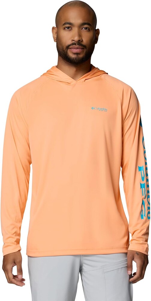 Columbia Men's PFG Terminal Tackle Long Sleeve Fishing Hoodie, Bright Nectar/Ocean Teal Logo, X-Small