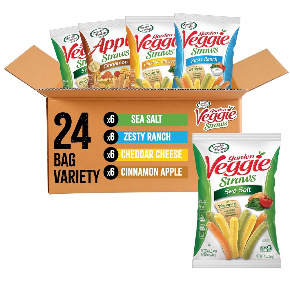 Sensible Portions Veggie Straws - Garden Snacks Variety Pack, Sea Salt, Ranch, Cheddar, Apple Cinnamon, Gluten Free Bulk Snacks, 1 Oz (Pack of 24)