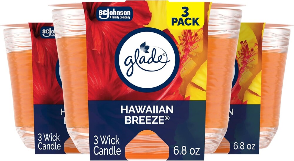 Glade Candle Hawaiian Breeze, Fragrance Infused with Essential Oils, Air Freshener, 3-Wick Candle, 6.8 Oz, 3 Count