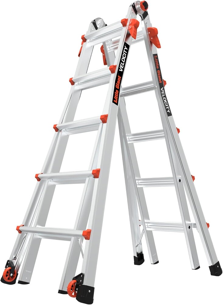 Little Giant Velocity M22 Multi-Position Aluminum Ladder, A-Frame, Extension, 90-Degree and Trestle Modes, Lightweight with Slip-Resistant Feet and Wheels, 300 lb. Type IA, 22-Ft Reach, 15422-001