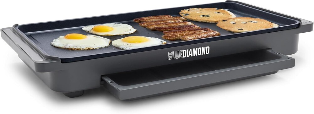 Blue Diamond XL Electric Griddle, 10" x 20" Ceramic Nonstick Surface, Temperature Control, Warming Drawer, Removable Drip Tray, Flat Top Grill/Griddle, Breakfast, Burger, Eggs, Easy Clean, Graphite