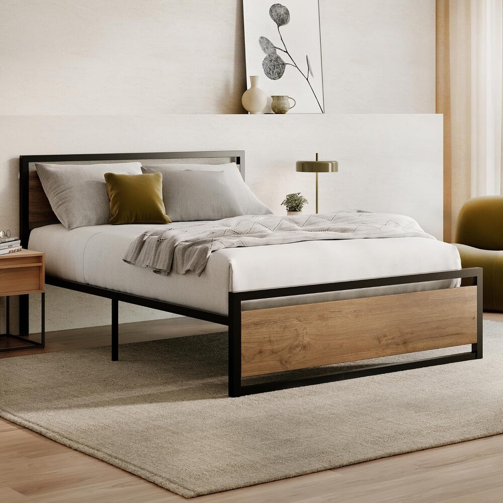 Nectar Metal Platform Full Bed Frame w/Wooden Headboard and Footboard - 14” Height - Modern and Industrial - Sturdy Metal Slats for Support - Easy Assembly - Holds Up to 800 Pounds