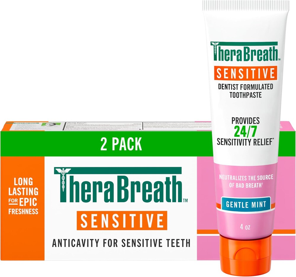 TheraBreath Sensitive Toothpaste, 24/7 Sensitivity Relief, SLS Free, No Sulfates, with Fluoride for Anticavity Protection, Gentle Mint, 4 Oz, 2-Pack