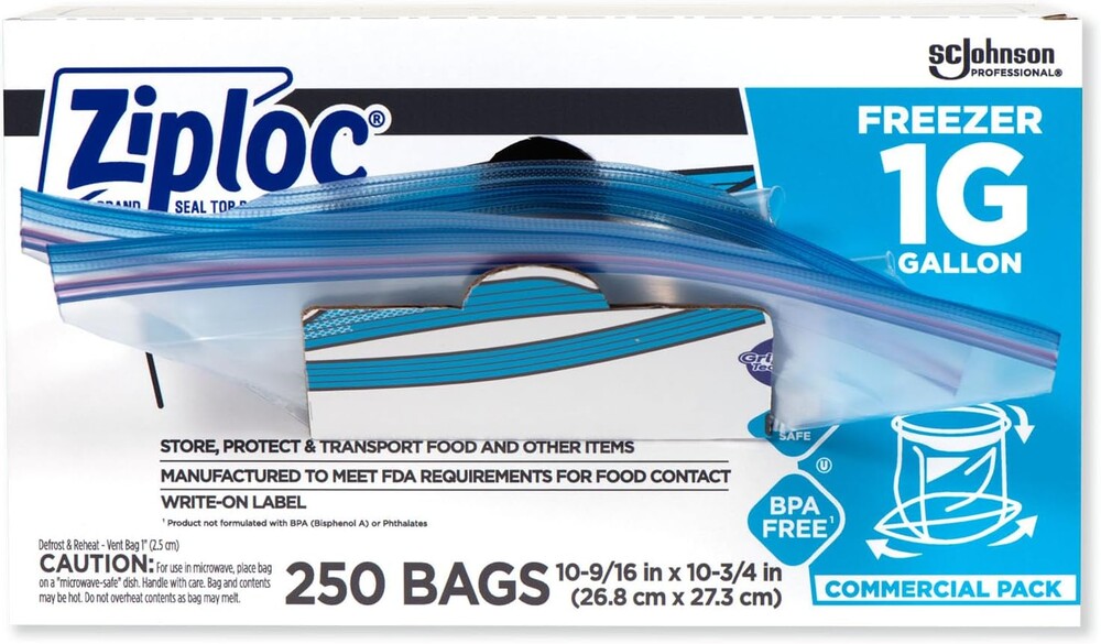 SC Johnson Professional Ziploc Brand Food Storage Freezer Bags, 1 Gallon Freezer Bags, Ziploc Brand Bags, Commercial Pack, 250 Count Box, for Professional Use Only