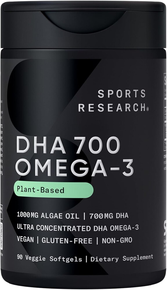 Sports Research® Vegan DHA 700mg - Cognitive Support, Brain Support, Supplement with Omega-3 DHA from Algae Oil - Vegan Certified · Non-GMO · Gluten Free - 90 Count Softgels