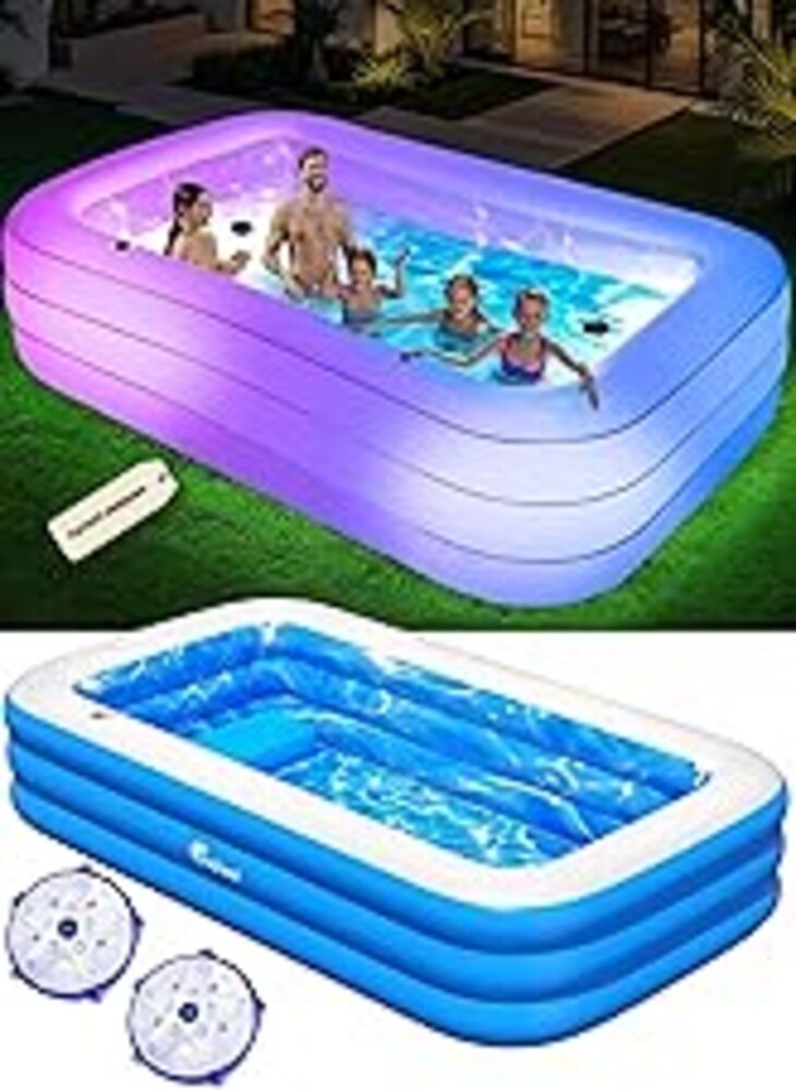 Inflatable Pool with Pool Lights and Seat, Durable Thickened Large Size Family Inflatable Pools for Adults Blow Up Pools,110" x 63" x 20"Swimming Inflatable Kids PooI for Backyard,Outdoor (White)
