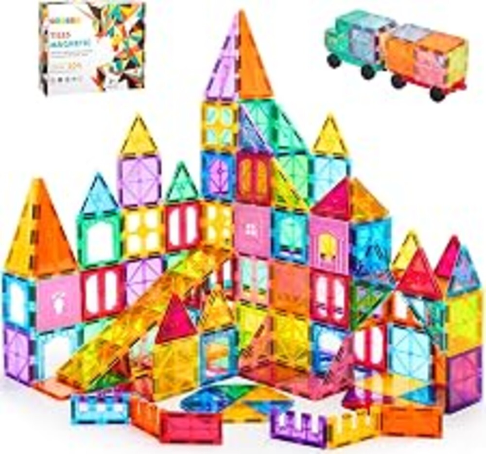 OugerToy 104PCS Magnetic Tiles STEM Building Blocks for Kids Ages 3-9, Educational Stacking Toys with Car Bases, Creative Construction Gift for Boys Girls