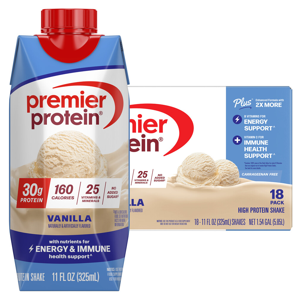 Premier 30g Protein PLUS Energy and Immune Support Shakes, Vanilla, 11 fl oz, 18-pack