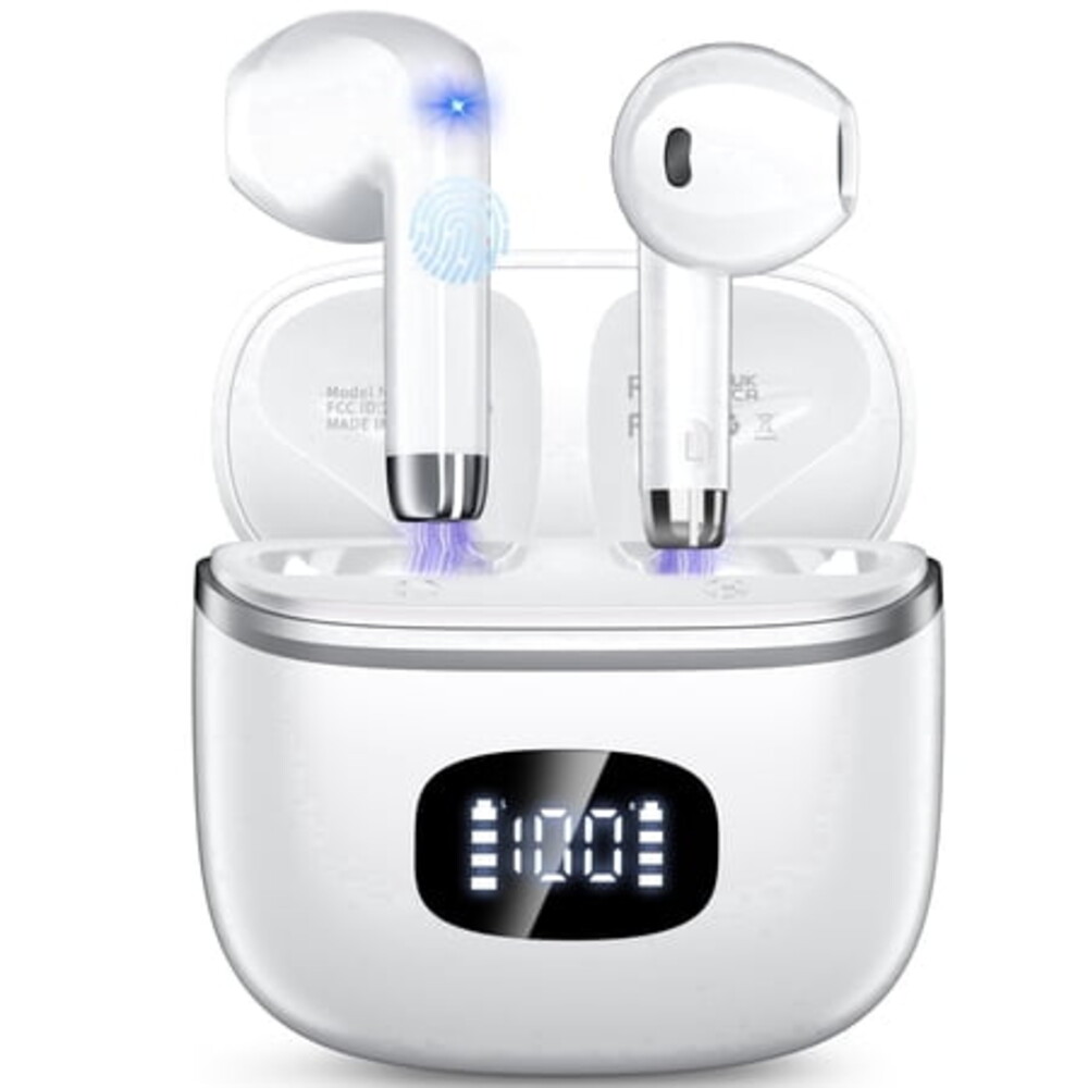 Wireless Earbuds Bluetooth 5.4 Noise Cancelling for iPhone Android with 4 ENC Mic, Dual LED Display, 50H Playtime IPX7 Waterproof In Ear Headphones, White