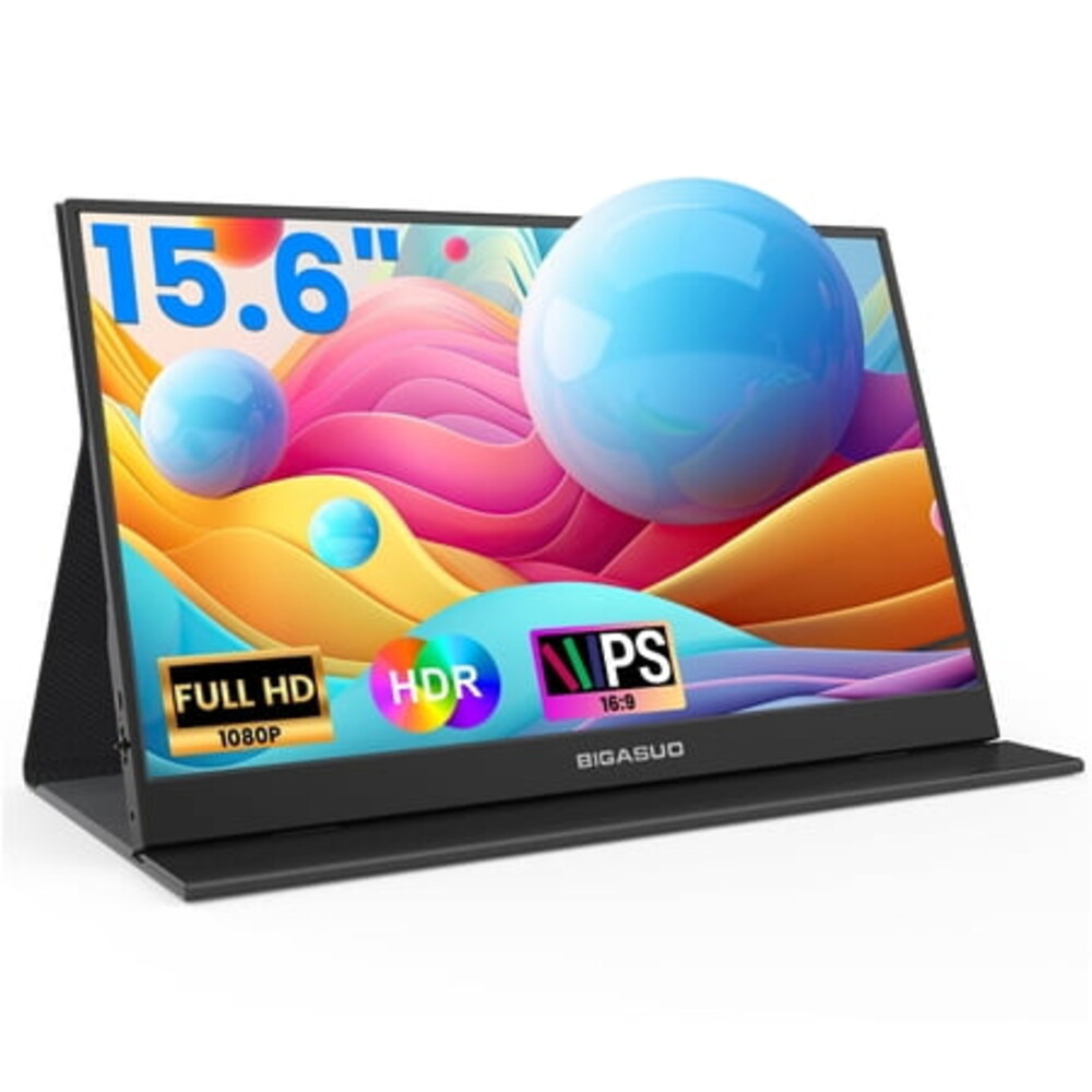 BIGASUO 15.6'' 1080P FHD Travel Mini Screen, Ultra-Slim HDMI HDR IPS Gaming Monitor for Laptop, PC, Xbox, PS4/5