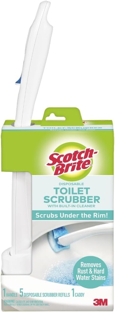 Scotch-Brite Disposable Toilet Scrubber Starter Kit, Disposable Refills with Built-In Bleach Alternative, Includes 1 Handle, Storage Caddy and 5 Refills