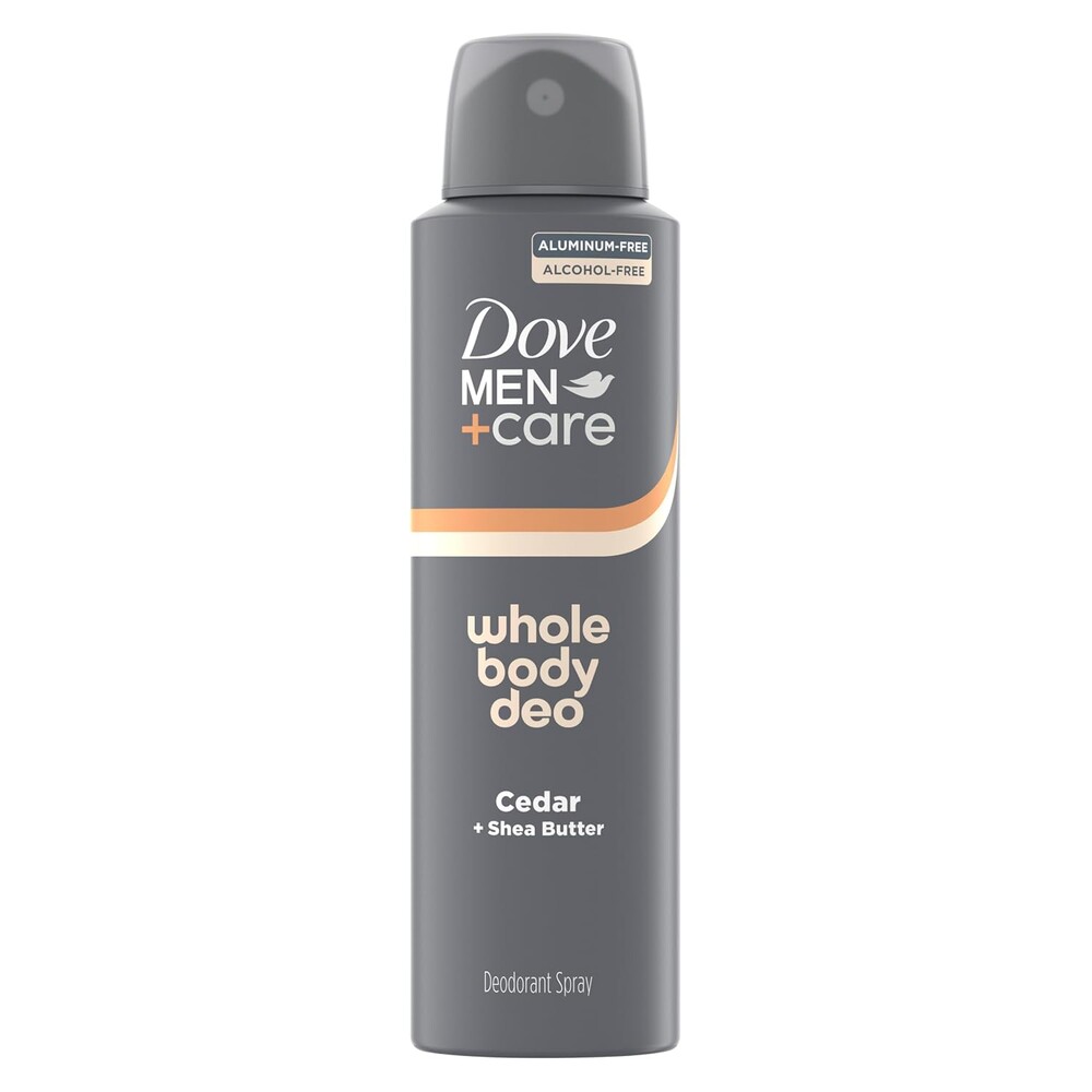 DOVE MEN + CARE Whole Body Deo Spray Cedar + Shea Butter – Aluminum‑Free, Gentle Full‑Body Odor Control, Dermatologist‑Tested | 4 oz