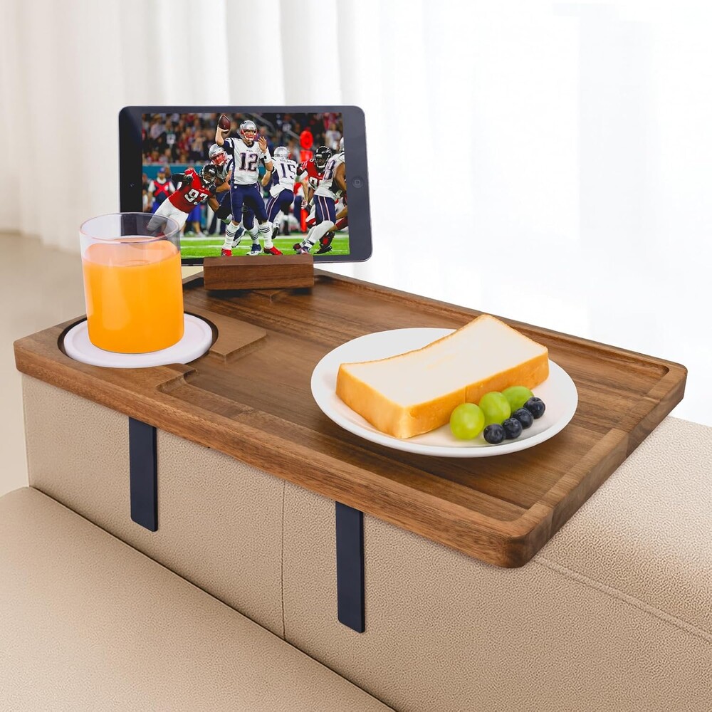 Couch Armrest Table, Acacia Wood Sofa Arm Tray with Adjustable Metal Clamp, Sofa TV Tray with Rotating Phone Holder for Snacks Drink Remotes, Include White Coaster
