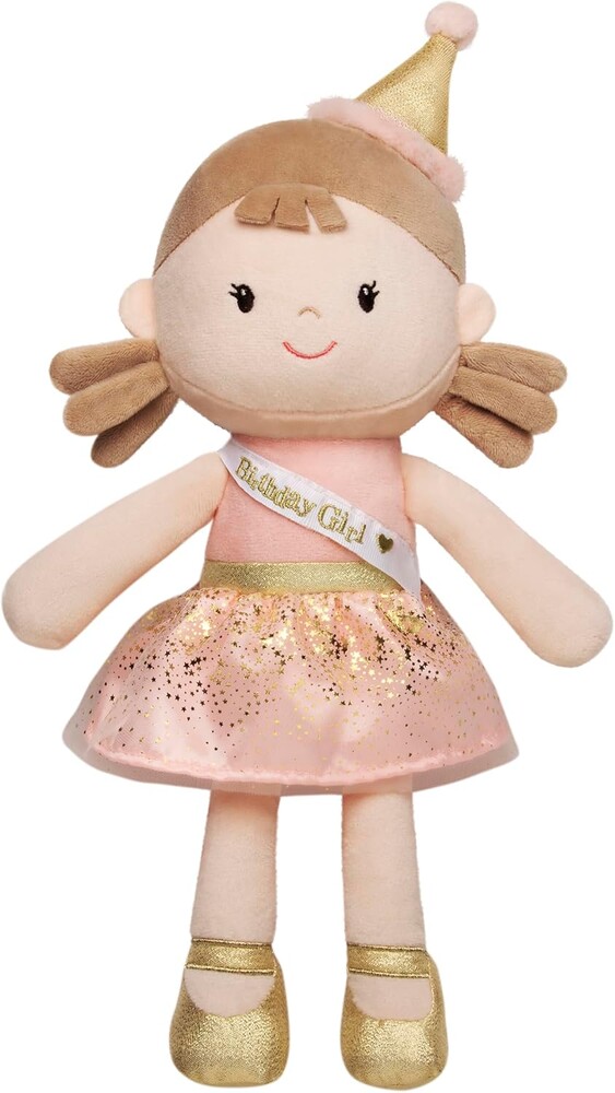 Large 15 inch Soft Baby Doll with Organza Dress, Satin and Gold Glitter Accents, Pink Birthday Girl