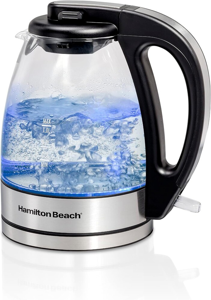 Hamilton Beach Electric Tea Kettle, Water Boiler & Heater, 1 Liter, 1500 Watts for Fast Boiling, BPA Free, Cordless Serving, Auto-Shutoff & Boil-Dry Protection, Blue LED, Glass (40930)