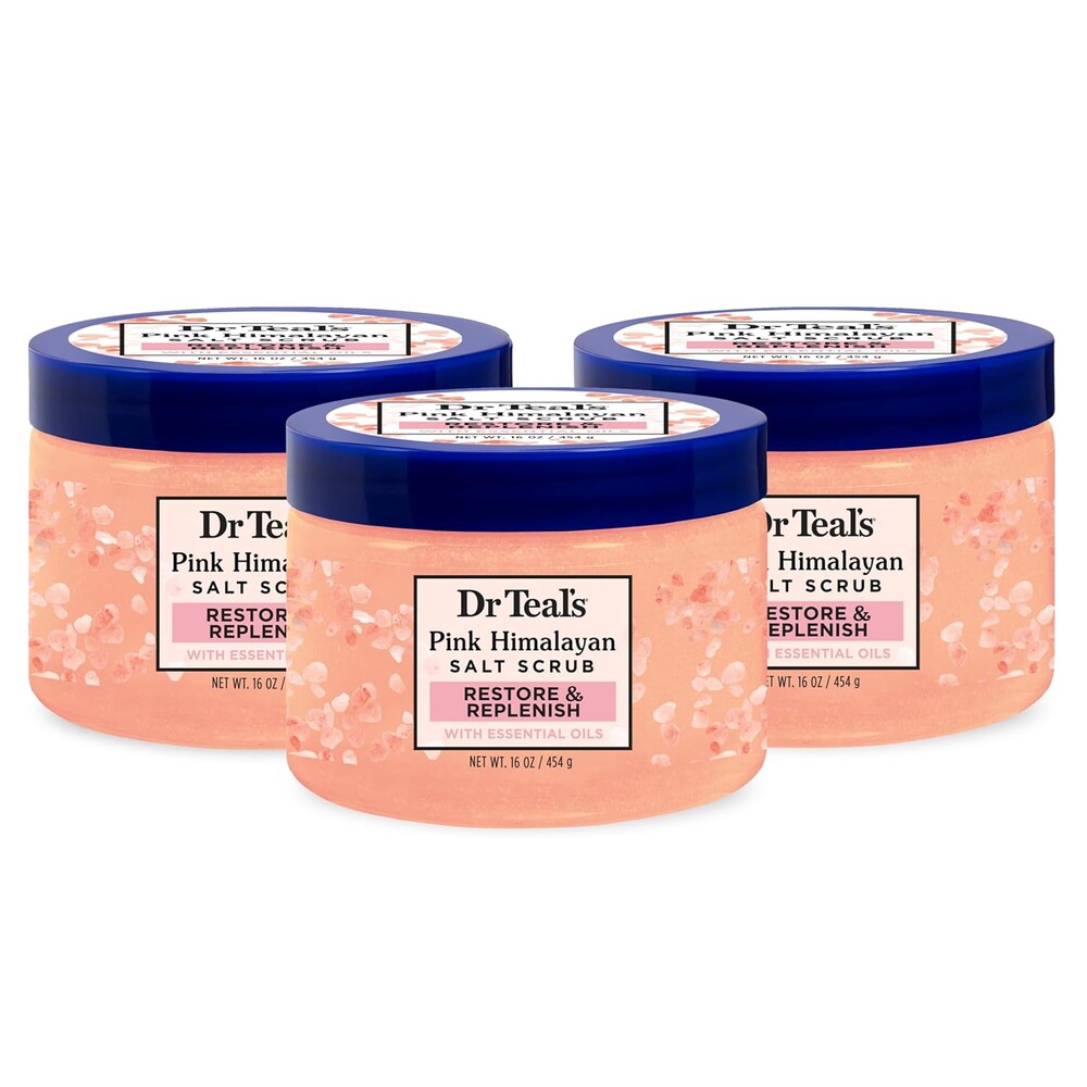 Dr Teal's Pink Himalayan Salt Body Scrub, Restore & Replenish with Pure Epsom Salt & Essential Oils, 16 oz (Pack of 3)