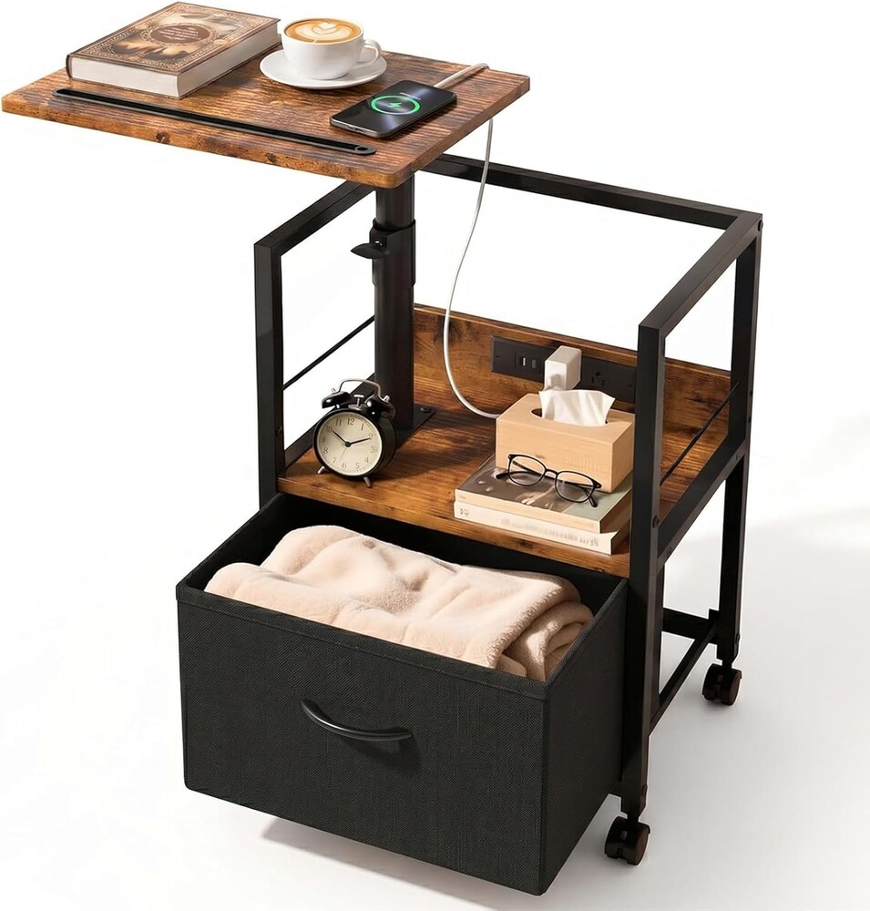 Faesun Swivel Lift Top Nightstand with Charging Station, Rolling Side Table for Recliner, Bedside Table with Wheels & a Fabric Drawer, for Small Spaces, for Bedroom, Living Room, Brown Black