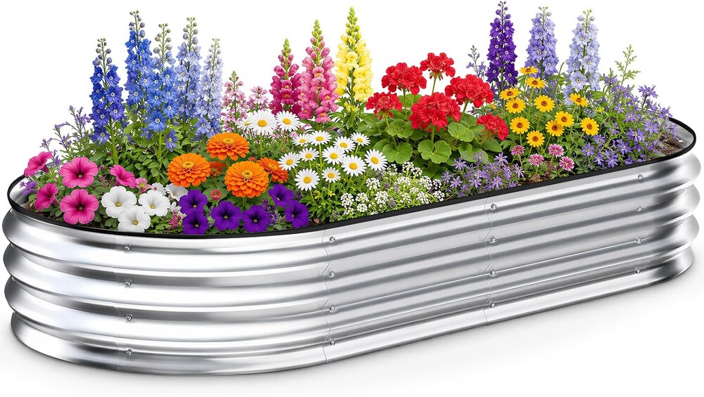 NEWBULIG Galvanized Raised Garden Bed Outdoor, 4x2x1ft Metal Planter Box for Vegetables Flowers Herbs, Heavy-Duty Oval Raised Flower Bed for Gardening, Open Bottom, Easy Assembly, Safe Edges