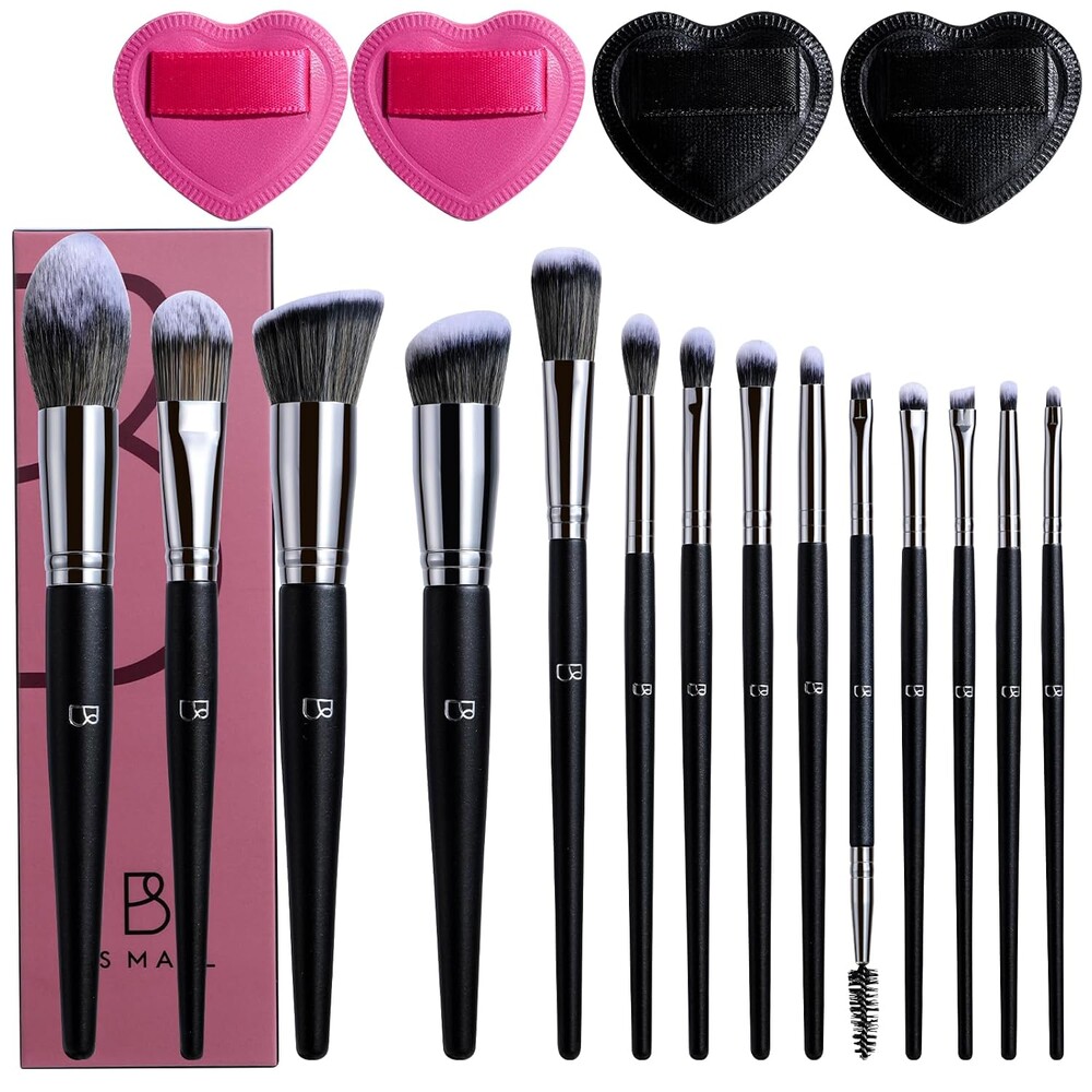 BS-MALL Professional 14 Pcs Makeup Brushes Set With 4 Mini Makeup Blending Sponge - Foundation Brush, Powder Puff & Makeup Sponges For Flawless Daily Use (Black)