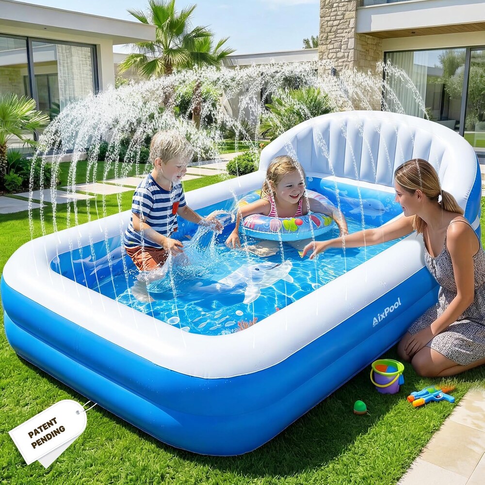 2026 Inflatable Pool with Sprinkler,Durable Blow up Pool with Big Backrest, Rectangle Kid Pool Backyard,Children Swimming Pool,Small Inflatable Kiddie Pool,Outdoor Water Pool for Kid71×41×25IN
