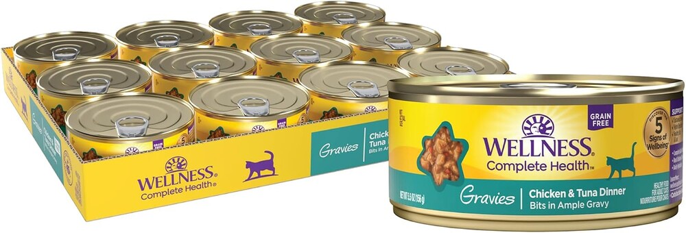 Wellness Complete Health Gravies Adult Canned Wet Cat Food, Natural, Protein Rich, Grain Free, Chicken and Tuna Dinner Recipe, 5.5 oz, Pack of 12 Cans