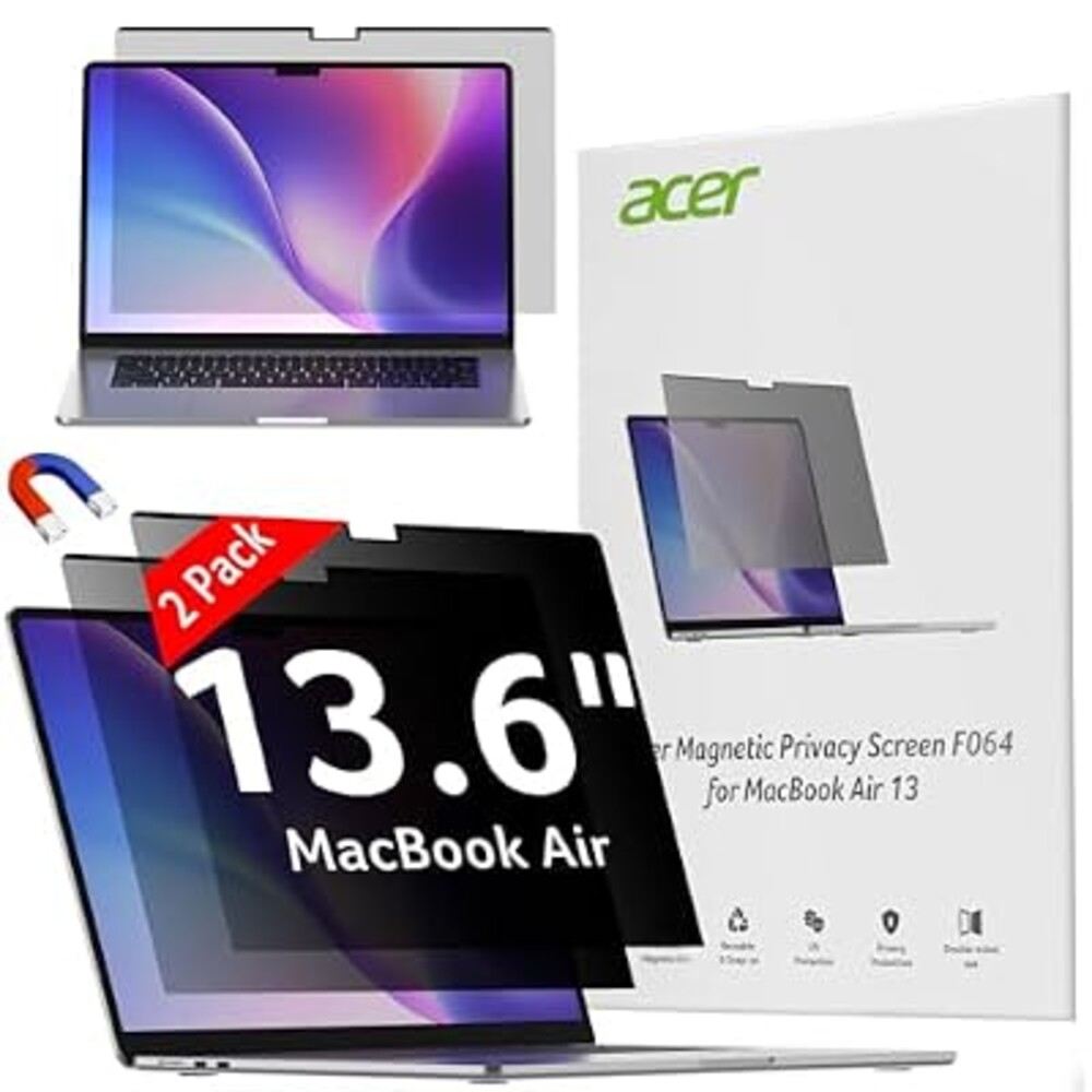 Acer [2 Pack Laptop Privacy Screen for MacBook Air 13 Inch (2022-2025 M1,M2,M3,M4), Eye Protection Anti Spy/Glare Blue Light Computer Monitor Privacy Filter, Dual-sided Magnetic & Removable