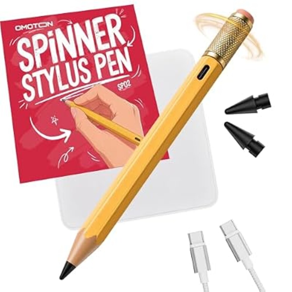 OMOTON Stylus Pen for iPad 2018-2026, SP02 Pencil with Fidget Spinner, Tilt Sensitivity & Palm Rejection, Long Battery for iPad Pro/Air/Mini，Unique Gift for Study, Work & Daily Use - Yellow