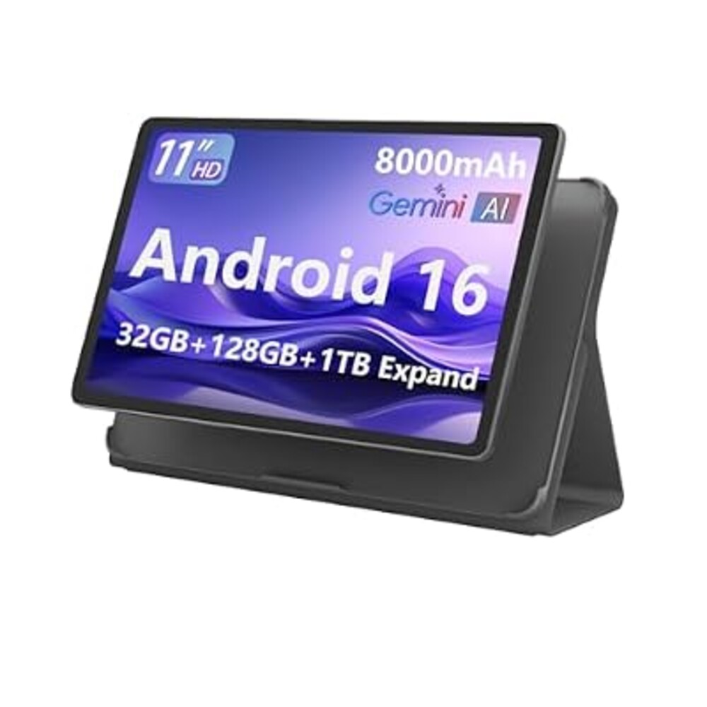 11-inch Android 16 Tablet, 32GB RAM + 128GB ROM (1TB Expand), T7280 Octa-Core 2.2GHz Processor, 90Hz FHD+ IPS Display, 8000mAh Battery, Gemini AI, Face ID, Dual Speakers, Fast Charging (Black)