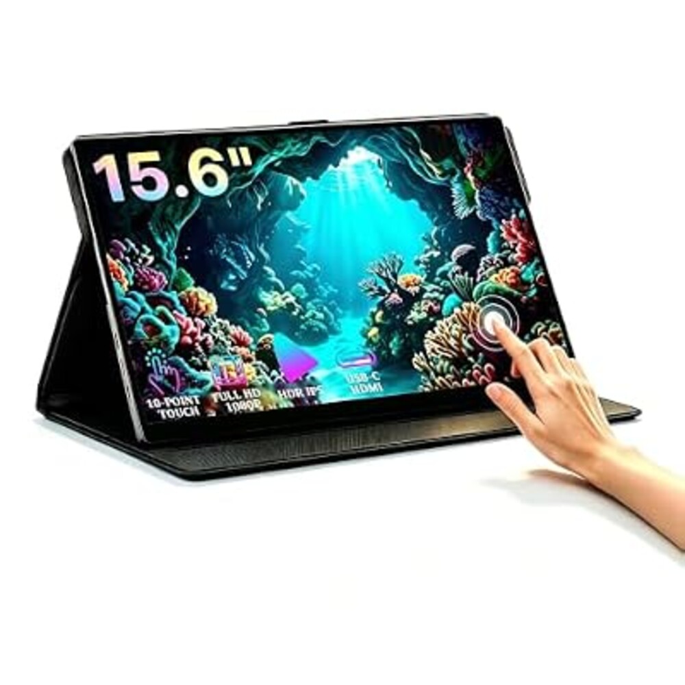 KOOFORWAY 15.6" FHD Portable Touchscreen Monitor for Laptop | 10-Point Touch FHD IPS screen with dual speakers, protective case & stand. For Laptop PC Phone Gaming