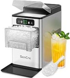 SenCre Nugget Ice Maker 40lbs/Day, Countertop Ice Maker Soft Chewable Ice, Ice Makers One-Click & Self-Cleaning, Crushed Pellet Ice Machine with Scoop&Basket for Home/Kitchen/Office, Stainless Silver