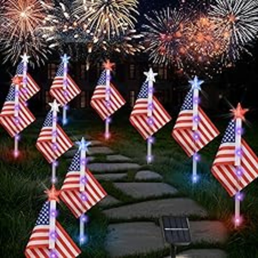 X-GiftKey 4th of July Decorations Outdoor American Flag Lights, 6-Pack Red White and Blue Solar Stars Lights with 6 USA Flags & 30LED,Bright Patriotic Pathway Lights for Memorial Day Yard Lawn Decor