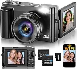 4K Digital Camera for Photography Autofocus, Upgraded 64MP WiFi Vlogging Camera for YouTube with 3" 180° Flip Screen, 16X Zoom, Compact Travel Cameras for Beginners with 32GB Card, 2 Batteries, Black