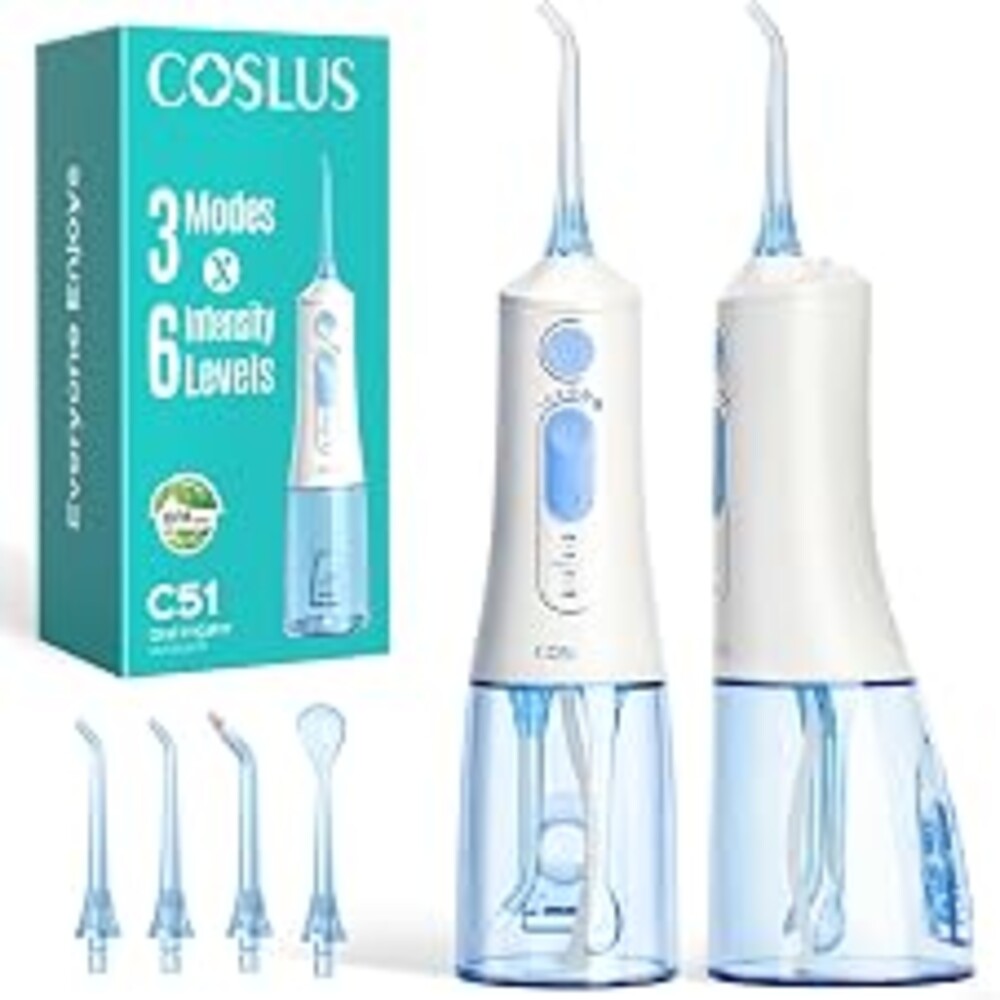 COSLUS ADA Accepted C51 Water Dental Flosser for Teeth, 3 Modes 6 Pressure | Water Dental Pick for Orthodontic, Braces, Sensitive Gums, Multiple Users, Compact for Travel Built-in Nozzle Storage, White