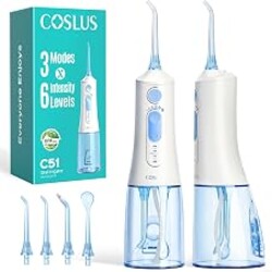 COSLUS ADA Accepted C51 Water Dental Flosser for Teeth, 3 Modes 6 Pressure | Water Dental Pick for Orthodontic, Braces, Sensitive Gums, Multiple Users, Compact for Travel Built-in Nozzle Storage, White