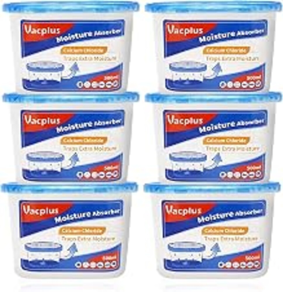 Vacplus Moisture Absorber, 10.5 OZ, Strong Absorption, Fragrance Free | Closet, Bathroom, Car, Odor Eliminator, Dehumidifier Bucket, 6 Pack