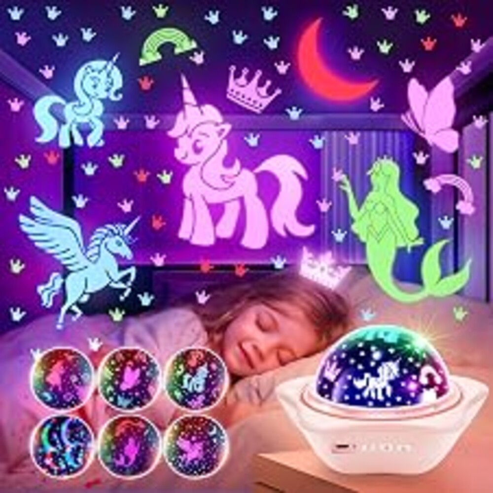 Onefire Girls Toys for Girl Gifts, 6 Films Light Projector Unicorn Toys for Girls Age 4-6, Rechargeable Night Lights for Bedroom, 360° Rotating Butterfly Decor Mermaid Gifts Princess Baby Toddler Toys