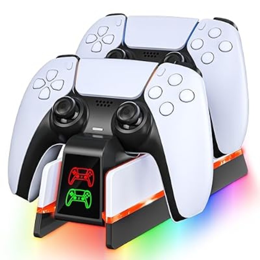 PS5 Controller Charger Station for PlayStation 5 Dualsense/Dualsense Edge, Charging Station with 10 LED Light, PS5 Controller Accessories Charging Dock, Black White