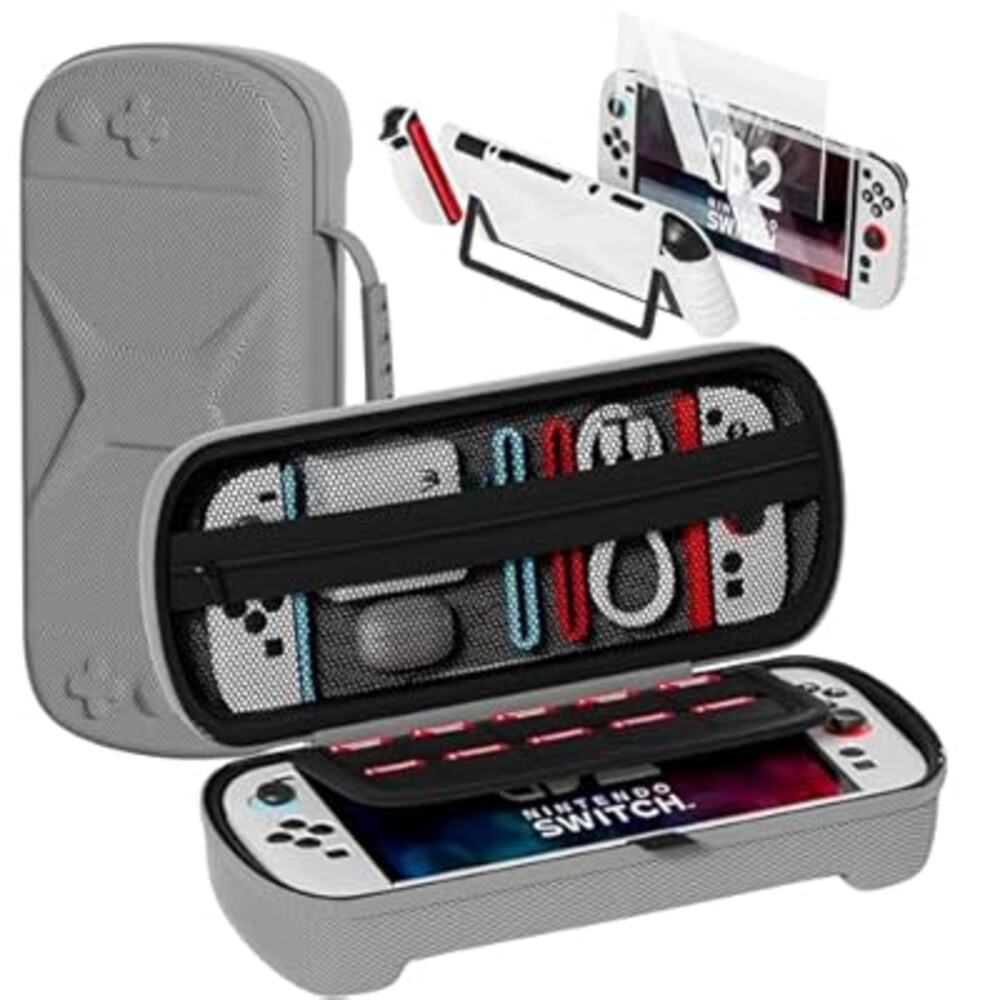 QUAGGY Designed for Nintendo Switch 2 (2025), TPU&PC Ultra-Slim Protective Case, Game Card Slots, All In One Carrying Case for Switch 2 Accessories [Bult-in 2 Screen Protector] Grey