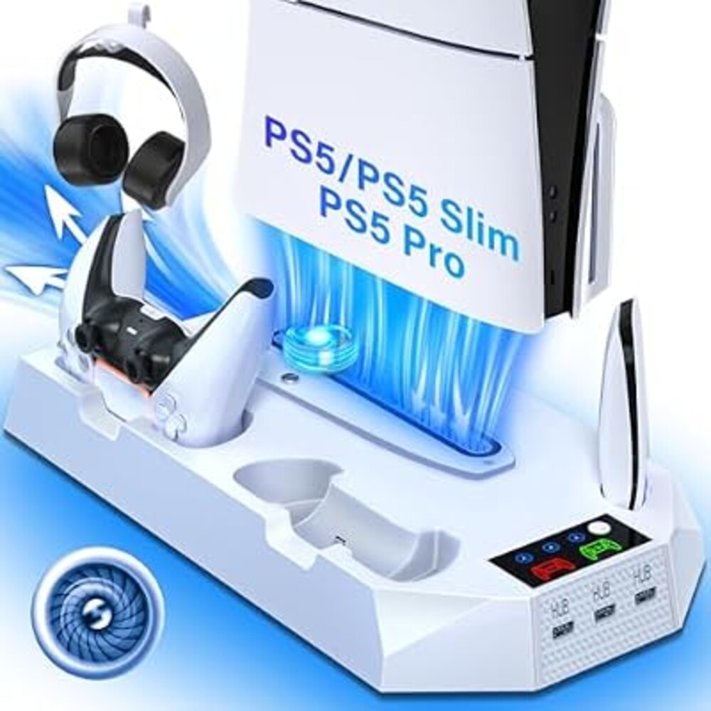 Cooling Station for PS5/PS5 Slim with Dual Controller Charger, Vertical Cooling Stand for PlayStation 5 Slim with Remote Charging Dock, Accessories Charger kit for PS5 Pro with Cooler Fan, USB Hubs