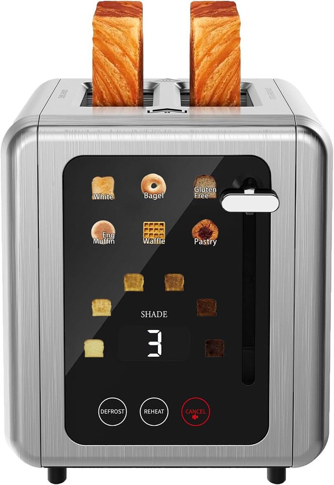 WUNLY Smart Digital 2 Slice Toaster with Touch Screen,1.5'' Extra Wide Slots for Bagel, Digital Countdown & Sound Control, 6 Bread Types & 6 Shade Settings, Defrost/Reheat/Standby,Platinum