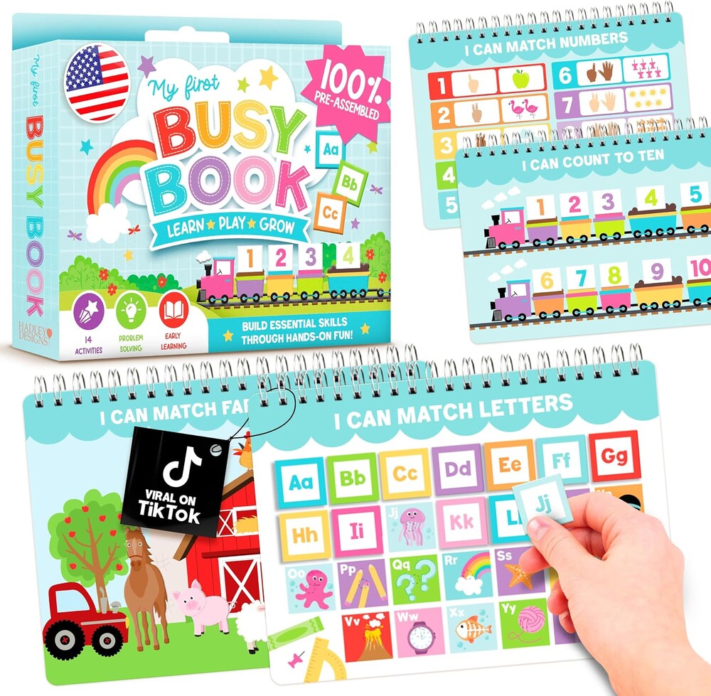 Hadley Designs My First Busy Book Toddlers 3-5, Montessori Preschool Learning Activities Age 4-5, 174 Pcs Velcro Busy Book, Travel Toys Airplane Car Quiet Time, Sensory Toys, Pre K Graduation Gifts