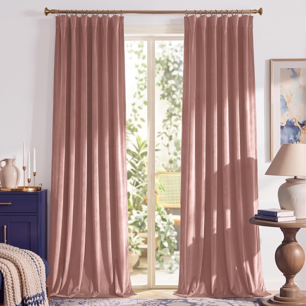 RYB HOME Baby Pink Velvet Curtains for Nursery Girls Bedroom, Luxury Decor Thermal Insulated Privacy UV Heat Blocking Drapes for Living Room, 52" W x 90" L, 2 Panels, Rod Pocket/Back Tab/Hook Belt