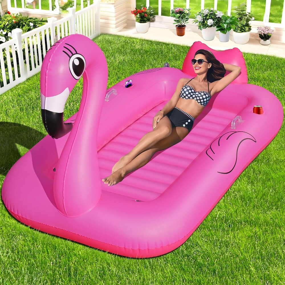 LanAqua Flamingo Inflatable Tanning Pool Lounger Float, Large Pink Sunbathing Pool Floats Adult with Cup & Phone Holders, Suntan Tub Inflatable Tanning Pool for Backyard, Blow Up Tanning Bed Float