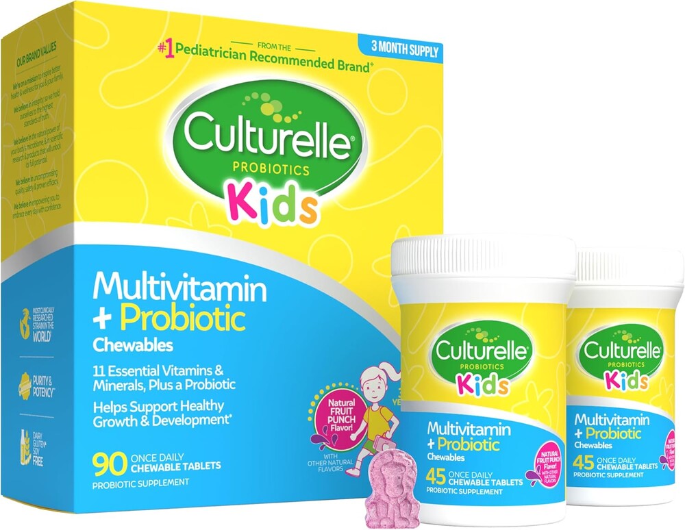 Culturelle Kids Complete Chewable Multivitamin + Probiotic For Kids, Ages 3+, 90 Count, Digestive Health, Oral Health & Immune Support - With 11 Vitamins & Minerals, including Vitamin C, D3 & Zinc