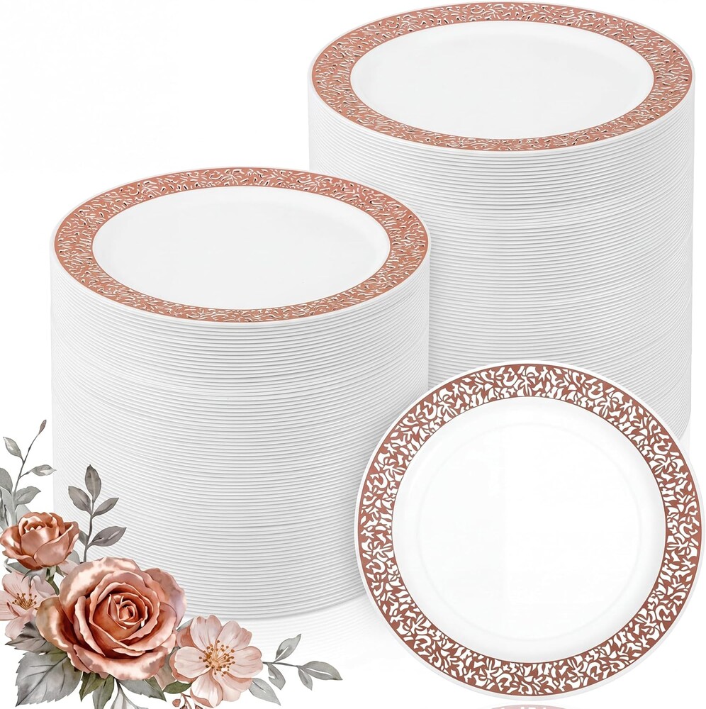 Skylety 100 Pcs Rose Gold Plastic Dessert Plates 6 Inch, Lace Design Disposable Dessert Salad Plates Small Appetizer Cake Plate for Party Birthday Wedding Baby Shower Anniversary Supplies