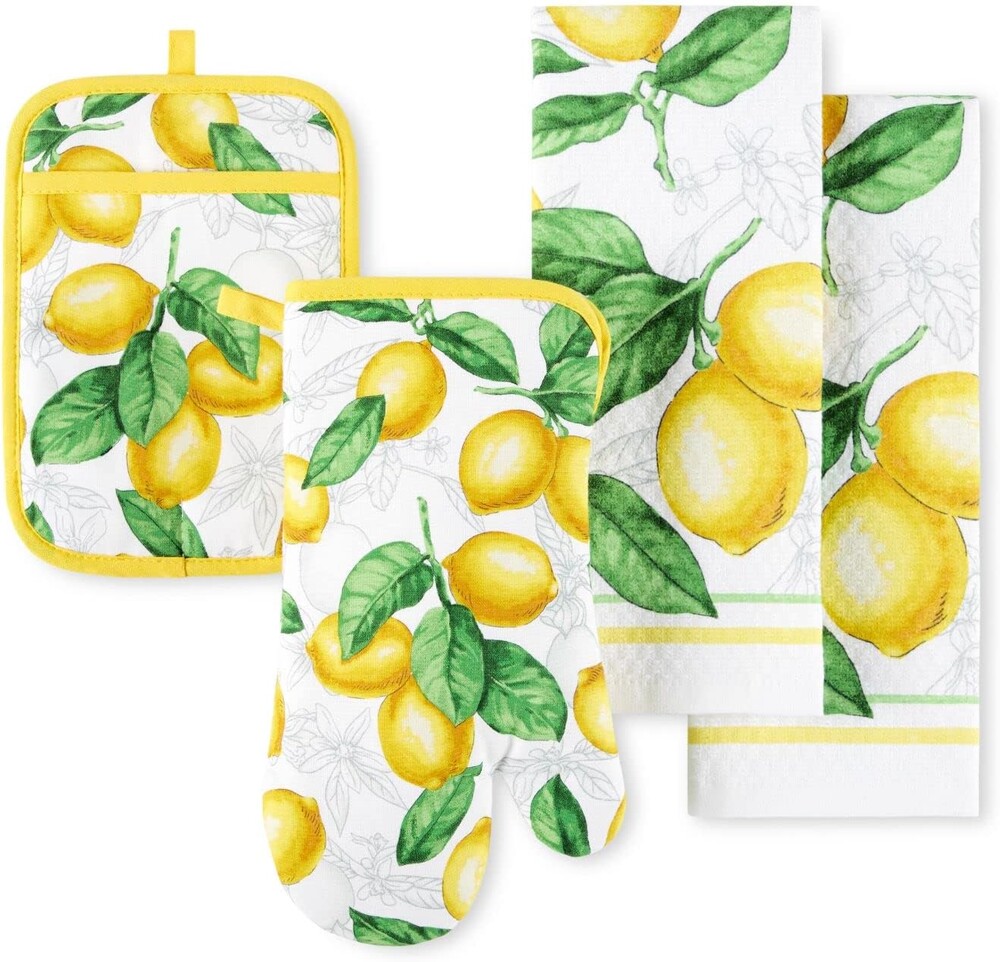 Martha Stewart Lots of Lemons Modern Kitchen Towel, Oven Mitt & Potholder Set, 4-Pack, White-Yellow
