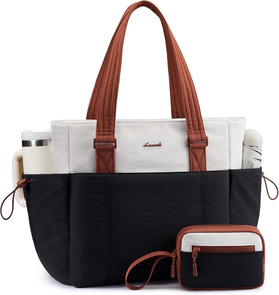 LOVEVOOK Tote Bag for Women, Puffy Work Tote with Large Cup Holder, Quilted Laptop Bag Travel Tote Shoulder Bag Handbag