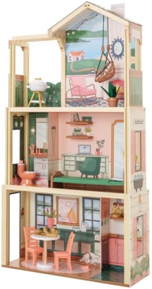 KidKraft Click & Play Fully Assembled Pop-Up Wooden Dollhouse; 50 Pieces | Expandable & Storable DIY Dollhouse, For 12-Inch Dolls, Gift for Ages 3+