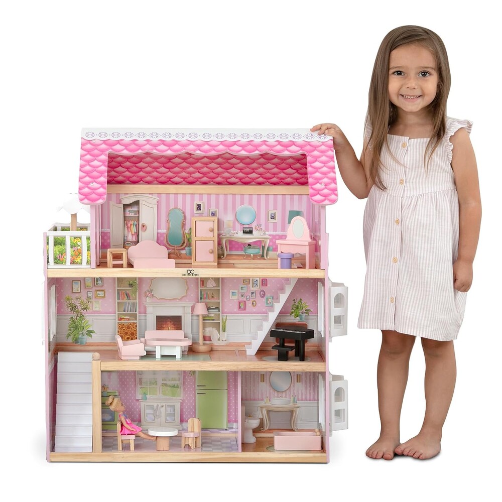 Delta Children Little Gem Dollhouse - 3-Story Dollhouse with 4 Rooms - Includes 16 Accessories - Fits 5-inch Dolls - Pretend Play Dream Gift for Ages 3+